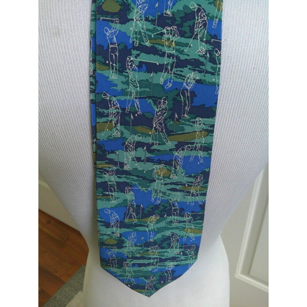 NEW Marja Kurki 100% Silk Tie  Blue and Green Golf Print